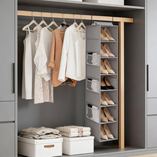 Hanging Shoe Organizer for Closet,8-Shelf Hanging Storage with Side Mesh Pockets,Wider Shelves for Baseball Caps,Clothes (9" W × 11.8" D × 54" H) Grey - Image 2
