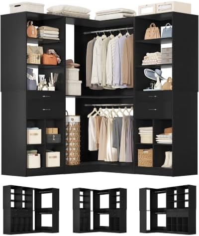 Besiost Closet System with 4 Drawers, 53.5"*53.5"/ 31.5"*75.5" Closet Organizer System with Corner Tower, L Shaped Walk-in Closet System, Corner Closet System with Shelves, Set of 3, Black by Besiost