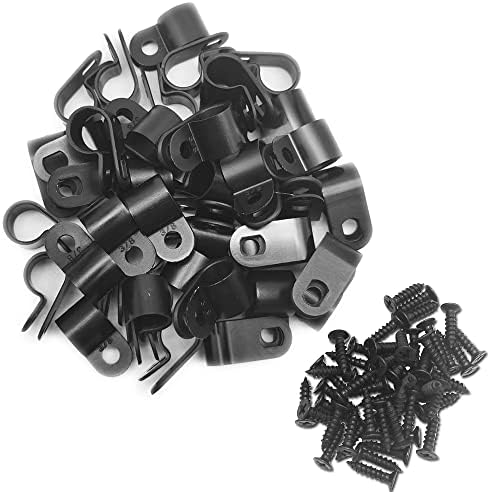 Cable Clamp R-Type Cable Clip Wire Clamp 3/8" Nylon Screw Mounting Cord Fastener Clips with Screws for Wire Management - Black - 50 Pcs by Alamic
