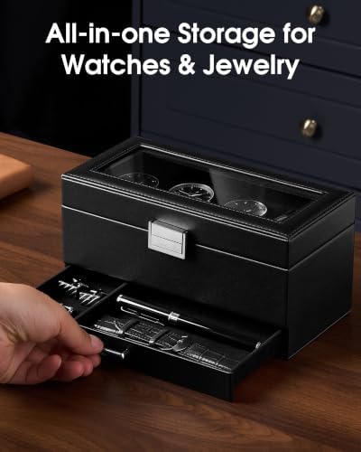 Lolalet 4-Slot Watch Case for Men, Mens Jewelry Box with Glass Lid -Black - Image 3