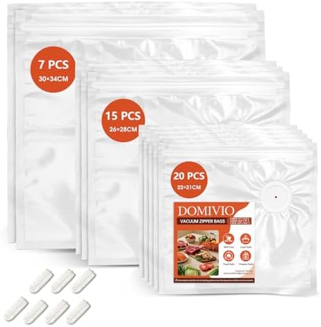 Reusable Vacuum Sealer Bags (42 Bags + 7 Clips), BPA-Free Vacuum Zipper Bags in 3 Sizes (8.7"x8.3", 10.2"x11", 11.8"x13.4") for Food Storage, Freezer & Sous Vide, Compatible with Food Saver by DOMIVIO