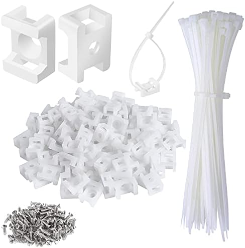 100 Pcs Cable Zip Tie Saddle Type Mounts Base with 8" Cable Ties Tapping Screw, Wire Cable Clips Organizer Holders Clamps White by XHF