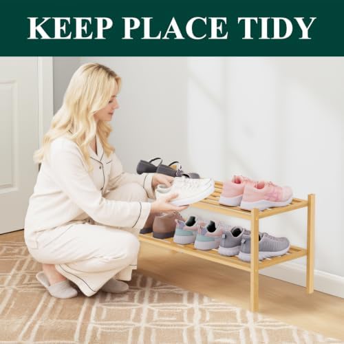 Smiry Bamboo Shoe Rack, 5 Horizontal Slats, 2 Tier - 26.8" Wide, Natural - Image 3