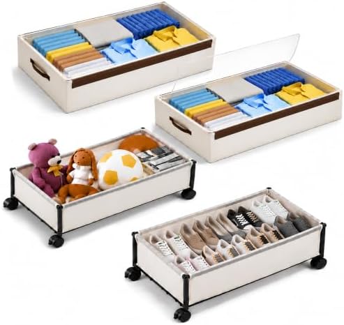 OMAIRA Under Bed Storage with Wheels, 2-Pack Splittable into 4-Pack, Easy Hook-and-Loop Assembly, Underbed Shoe Storage Organizer with Clear Lids & Rolling Drawers for Clothes, Shoes & Toys by OMAIRA