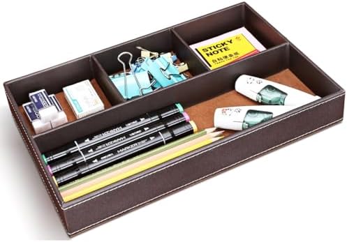 KINGFOM Pu Leather Desk Organizer Tray, 4 Compartment Office Storage Supplies Stationery Drawer Tray, Nightstand Bedside Tray for Key, Wallet, Watch, Coin, Phone Valet Tray Stackable - Image 3
