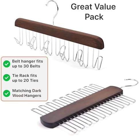 Umo Lorenzo Premium Wooden Tie and Belt Hanger - Gift Set for Men - Walnut Wood Organizer and Storage Rack - Image 2
