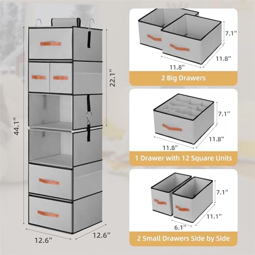 Hanging Closet Organizer 6-Shelf, Upgrade Closet Organizers and Storage with 5 Removable Drawers & 4 Side Pockets, Hanging Shelf Organizer for Bedroom or Garment Rack, 12.6'' x 12.6'' x 44.1'', Gray - Image 3