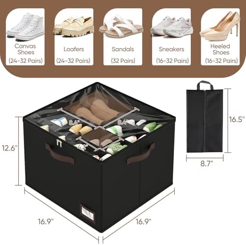 OIAHOMY 2 Pack Shoe Organizer for Closet, Large Foldable Shoe Storage Bins with Dividers and Reinforced Handles, Each Clear Cover Sneaker Box Fits Up to 16 Pairs for Entryway and Bedroom, Black - Image 3