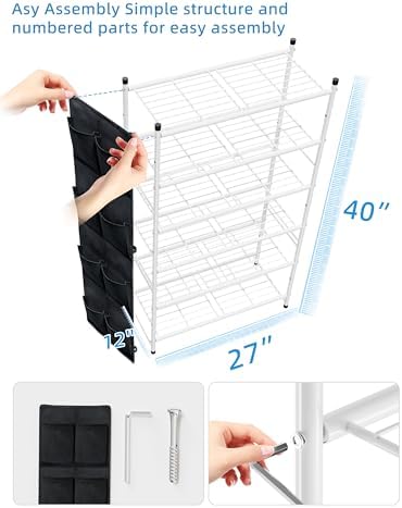 6 Tier 27" Metal Shoe Rack for Closet, Shoe Organizer Storage Shlef with Pocket, White - Image 3