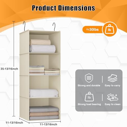Hanging Closet Organizer 4-Shelf, Oxford Fabric Wardrobe Storage, Beige - Image 3