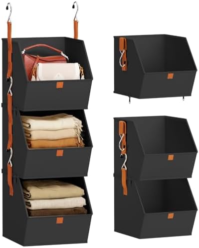 Homsorout Collapsible Hanging Closet Organizer - 3 Tier Closet Shelves Storage System with Hooks, Fabric Hanging Storage Bins for Clothes, Foldable Storage Basket for Laundry, Bedroom, Rv, Black by Homsorout