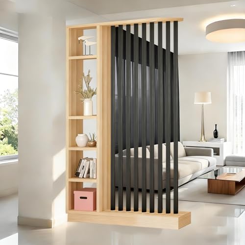 Wall Room Divider with Shelves Freestanding Room Divider with Storage Shelf Entrance Hall Partition Screen Column Floor to Ceiling Screen Column Floor to Ceiling,Natural+Black,L47 xW9 xH79 by ZLGONRL