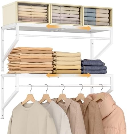 ThreeHio Expandable Closet Shelves Wall Mounted, 2 Pack Closet Shelving with Hanging Rods, Wall Shelving for Walk-in Closet, Hanging Shelves Organizer and Storage for Closet, Laundry by ThreeHio