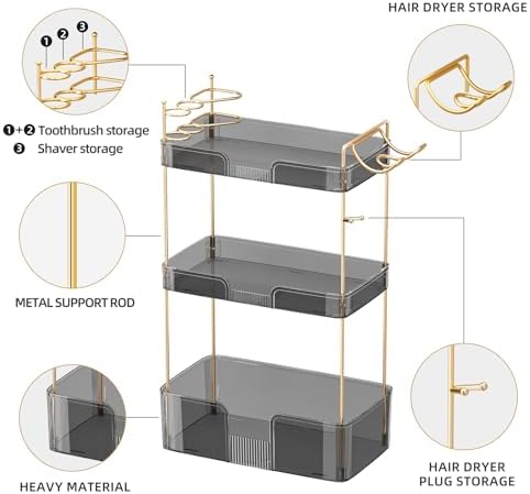 Akinbas 3 Tier Bathroom Organizer Countertop Makeup Perfume Tray Skincare Organizer Comes with Hair Dryer Rack and Toothbrush Holder for Bathroom Dresser Vanity (Grey) - Image 4