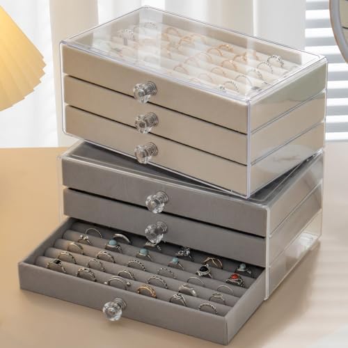 SPAKOWN Ring Box Display Holder, Clear Velvet Jewelry Storage Tray Organizer for Ring Stud Earring (Grey - 3 Drawers) - Image 7