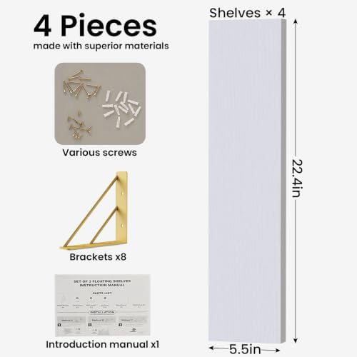 BAYKA Wall Shelves for Bedroom Decor, Wood, White and Gold, Set of 4, 23in - Image 2