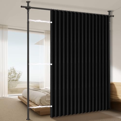 100% Blackout Room Divider Curtains Sets Black 1 Panel W100 x L96in No Drill Curtain Rods(H) 43-120×(W) 35-100 in for Bedroom Privacy Partition Separator by AJAZZ