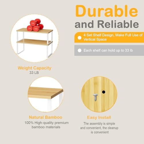 OGEMXU Cabinet Shelf Organizers, 15.7 inches Large Kitchen Counter Shelf, Set of 4 Wood Kitchen Pantry Organizer, Storage Shelves for Countertop, Spice Rack, Stackable, Expandable, Metal White, Nature - Image 5