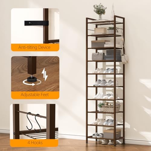 usikey 10 Tiers Narrow Shoe Rack 20-30 Pairs, Sturdy Metal Tall Shoe Rack Shelf with 4 Hooks, Slim Shoe Storage with Metal Shelf, Space Saving Vertical Shoe Organizer for Closet Entryway, Bronze - Image 5