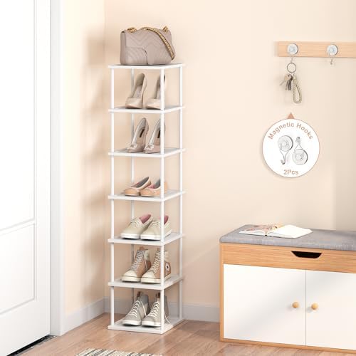 MHXW SXPN Bamboo Free Standing Shoe Rack Shelf Multi Tier Tall Wooden Stackable Shoes Rack Organizer for Closet Front Door Entrance Narrow Vertical Shoe Storage (White, 7 Tiers) by MHXWSXPN
