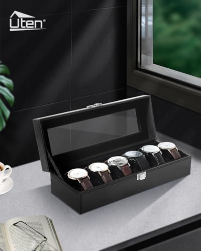 Uten Watch Box 6 Slots, Watch Case Organizer with Glass Lid, All Black - Image 2