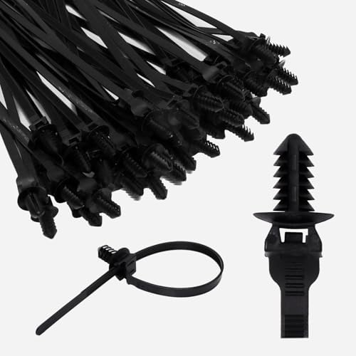 50 PCS Push Mount Zip Ties, 8.3 Inch Nylon Car Mount Wire Ties Snap in Cable Zip Ties, Black Push Mount Cable Ties Automotive Zip Ties Wire Harness Clips for Wire Tying (8.3" L x 0.2" W) by SWZHAI