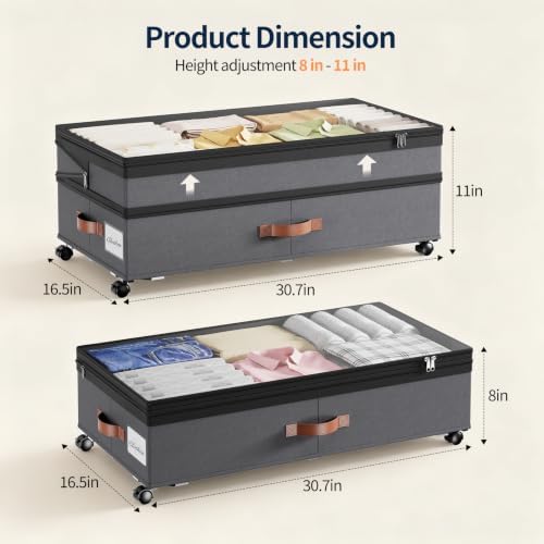 Yecaye 90L Under Bed Storage with Wheels, Height Adjustable, 2 Pack, Grey - Image 2