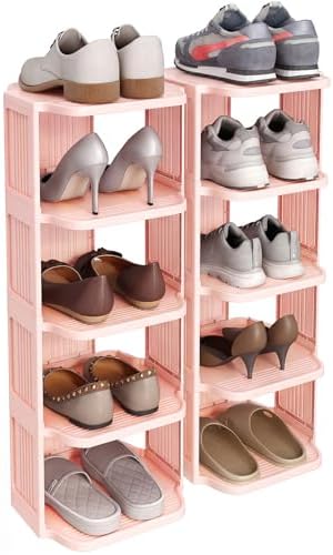 Kitstorack 10-Tier Vertical Plastic Shoe Rack, Freestanding Stackable Shoe Storage Organizer Cubes Shoe Shelf Tower or Small Closets and Tight Spaces, Pink by Kitstorack
