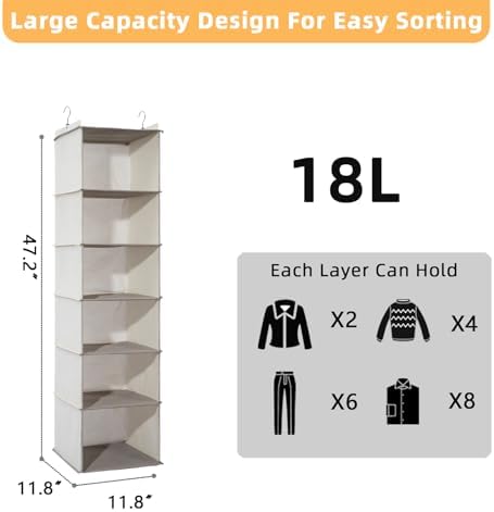 2 Packs Hanging Closet Organizer, 6-Shelf Closet Organizers and Storage with Side Pockets, Collapsible Hanging Shelves for Closet & RV & College Dorm,Beige - Image 2