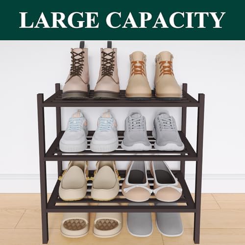 Smiry Bamboo Shoe Rack, 5 Horizontal Slats, 3 Tier - 17.3" Wide, Brown - Image 5