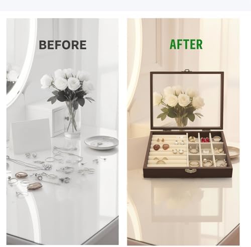 CT SUN Small Wooden Ring & Earring Organizer Box Case, Display Case with HD Glass Lid, Velvet Lining, Organizer for Women Rings Earrings Bracelets Brooches, Compact Size Jewelry Box for traveling - Image 6