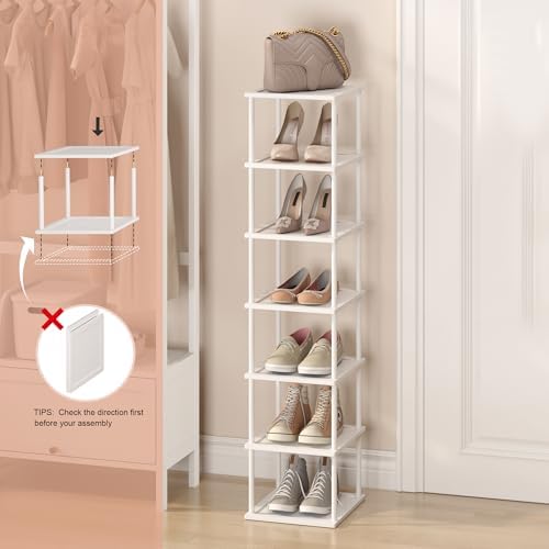 MHXW SXPN Bamboo Free Standing Shoe Rack Shelf Multi Tier Tall Wooden Stackable Shoes Rack Organizer for Closet Front Door Entrance Narrow Vertical Shoe Storage (White, 7 Tiers) - Image 3