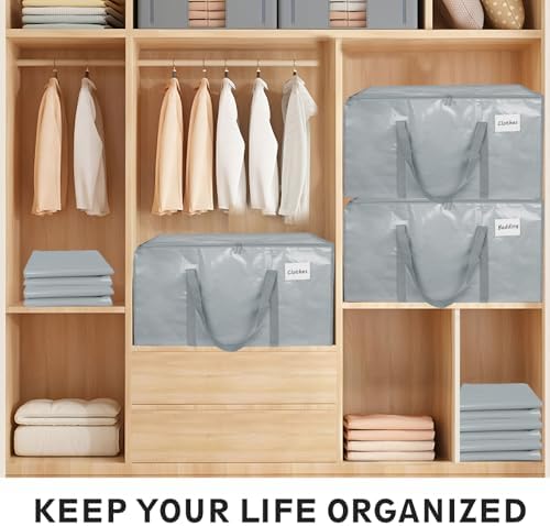 6 Pack-Extra Large Heavy Duty Moving Bags - Waterproof Storage Totes with Handles & Zippers, Foldable for College Dorm, Storage (light gray) - Image 5