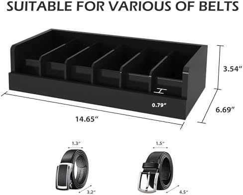 Belt Organizer for Closet - 6 Grids Black Bamboo Belt Storage Organizer Racks for Men Women's Drawer, Belt Display Holder Wall Mount with 2 Pcs Tie Clip - Image 5