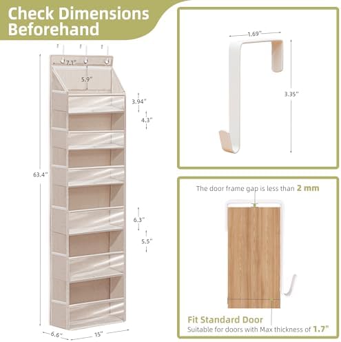 Over Door Organizer with 6 Extra Large Pockets 12 Side Pockets, Sturdy Closet Storage Rack, Hanging Storage Organizer with Clear Window for Shoes, Diaper, Bedroom, Bathroom, Beige, 6-Pack - Image 2