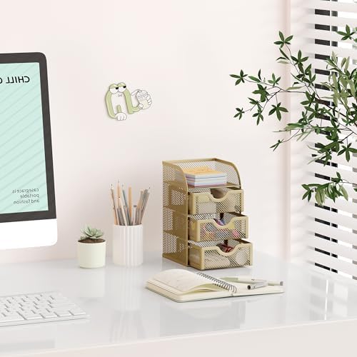 EasyPAG Mesh Desk Organizer with 3 Drawer Office Desktop Organizers and Accessories Stationery Caddy for Office, Home, Students, Gold - Image 6