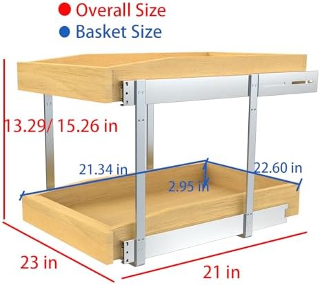 2 Tier Pull Out Cabinet Organizer, 23"W x 21"D Solid Wood Heavy-Duty Base Bottom Assembly Slide out Drawer Shel Cabinet Organization for Kitchen, Pantry, Bathroom - Image 2