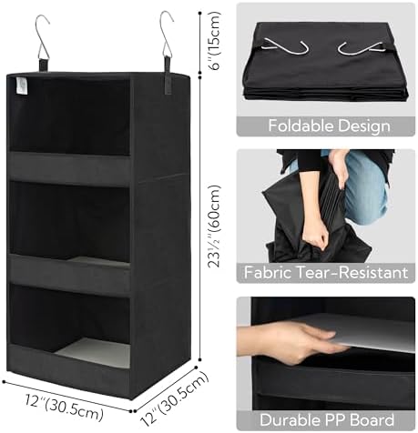 GRANNY SAYS 3-Shelf Hanging Closet Organizer, Foldable Storage, Black - Image 3