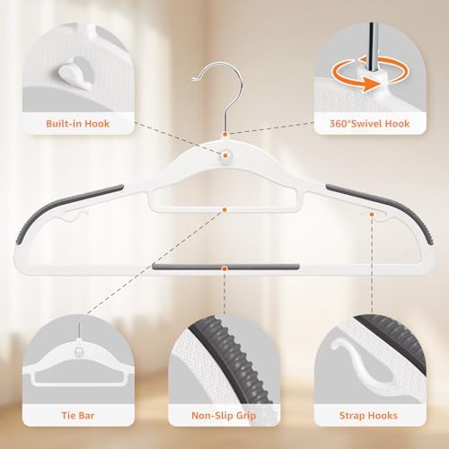 Yolife Cascading Plastic Clothes Hangers 20 Pack with Inner Hook for Vertical Storage, Slim Space Saving Hangers with Non-Slip Pads, 360° Swivel Metal Hook, Versatile, White & Gray - Image 3