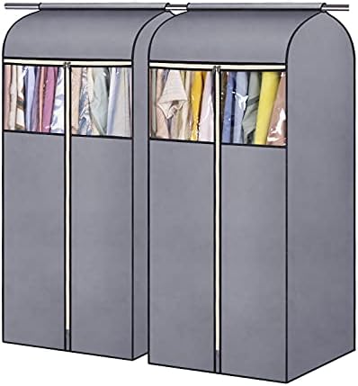 SLEEPING LAMB 54'' Hanging Garment Bags for Closet Storage Sealed Completely Jackets Coats Suits Clothes Rack Cover for Wardrobe with Clear PVC Window, 2 Packs, Grey(Hanging Rod Not Included) by SLEEPINGLAMB