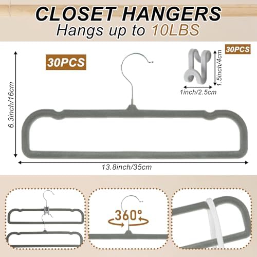 Pants Hangers Space Saving, 30 Pack Velvet Hangers for Closet with 30 Hooks, Strong Durable Non Slip Slim Clothes Hanger, Ultra Soft Flocked Hanger for Pants, Shirts, Bra, Shorts (Grey) - Image 2