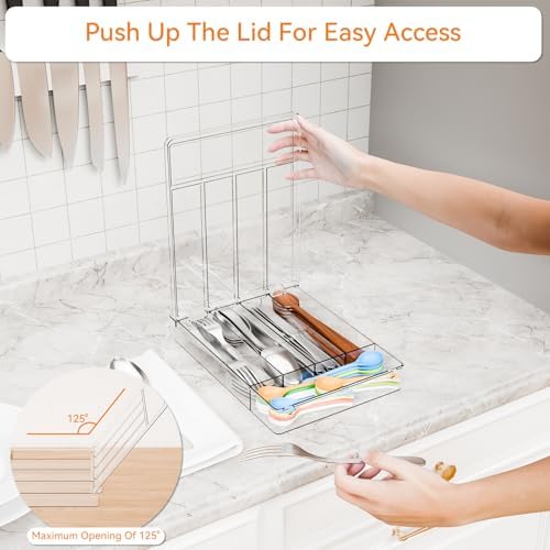 Yieach Clear Silverware Organizer with Lid - 9 inch Wide - Small Silverware Drawer Organizer & Tray and Utensil Drawer Organizers with Lid,BPA Free Plastic Flatware Drawers Organizers for Fork,Spoon - Image 3
