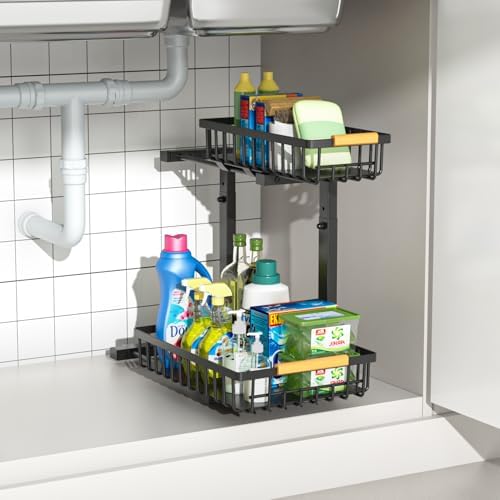 Merrylun Under Sink Organizers, 5 Adjustable Height,Metal Pull Out Under Sink Organizers and Storage Shelves with Sliding Drawer, Black 1pack（Hight 13.6″-16.9″） by Merrylun