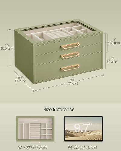 SONGMICS 3-Layer Jewelry Box with Glass Window, 3 Drawers, Golden Handles - Image 5