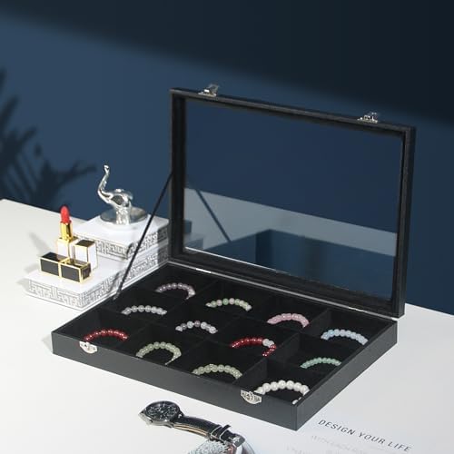 Coward Jewelry Organizer Box, Black Velvet 12 Grids Bracelet Bangle Necklace Jewelry Display Tray Case with Transparent Glass Lid for Home Drawer Desk or Store Selling Show - Image 6