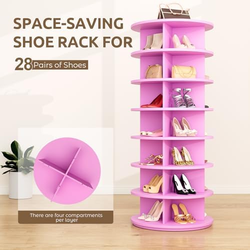 Rotating Shoe Rack 7 Tier Spinning Shoes Organizer Tower for 28-32 Pairs Lazy Susan 360 Revolving Shoe Storage Cabinet Rotate Shoe Handbag Rack Round Carousel for Closet, Bedroom (Pink) - Image 5