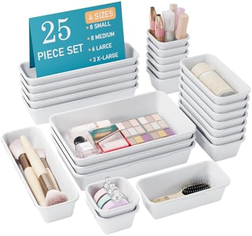 Kutesna 25 PCS White Drawer Organizer Set, 4 Size Interlocking Plastic Storage Bins for Office Supplies, Jewelry Makeup Vanity, Bathroom Kitchen, Home Organization Closet, Gadgets Small Items by Kutesna