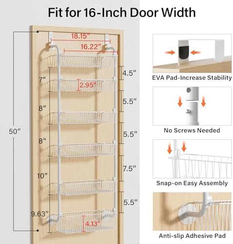 Delamu Large Over the Door Pantry Organizer, 6-Tier Metal Pantry Door Organization and Storage for Easy Install, Hanging Spice Rack Seasoning Shelves for Cabinet & Kitchen, D6.7xW17.5xH53.7 in, White - Image 3