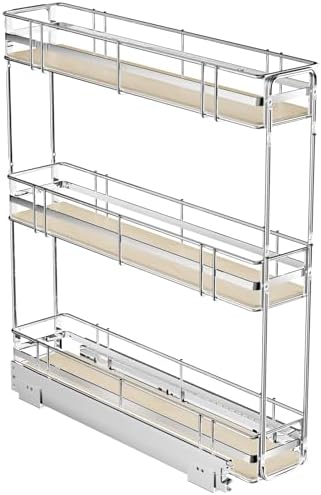 ROOMTEC 3-Tier Pull Out Cabinet Organizer Spice Rack for Narrow Cabinet 6" W x 20½" D, Slide Out Wood Shelves Storage for Kitchen by ROOMTEC