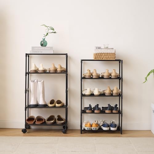 5-Tier Small Shoe Rack with Wheels, Slide-Out Metal Shoe Racks Storage, Anti-Rust Coating, Stackable Design - 16.9W for Entryway, Kitchen, Living Room & Office - Black - Image 4